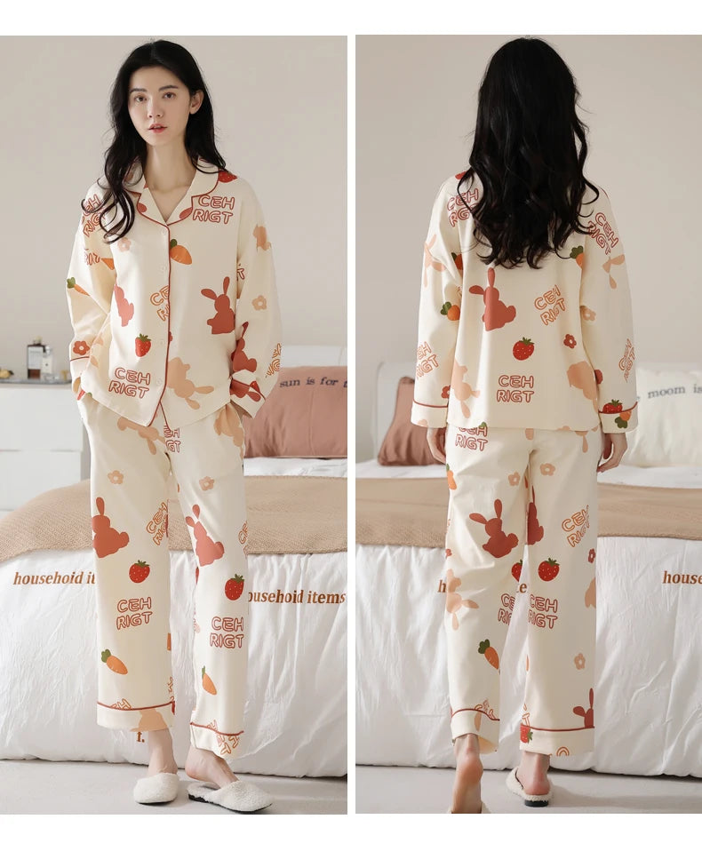 Women’s Winter 100% Cotton Pajama Set – Loose Fit, Turn-Down Collar, Long Sleeves, Cute Pink