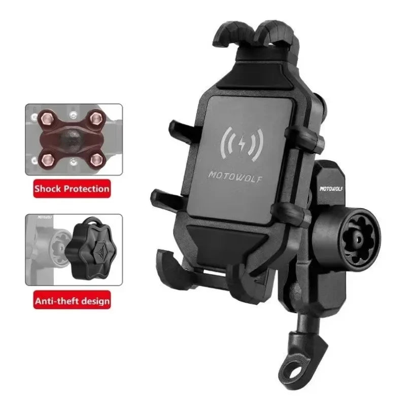 Anti-Thief Motorcycle Bike Mobile Phone Holder Fast 15W Wireless Charging Charger Cycling Mirror Stand Handlebar Mount