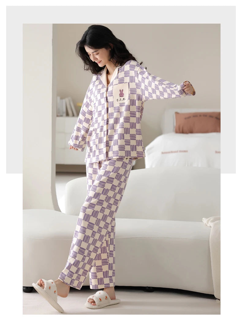 Women’s Winter 100% Cotton Pajama Set – Loose Fit, Turn-Down Collar, Long Sleeves, Cute Pink