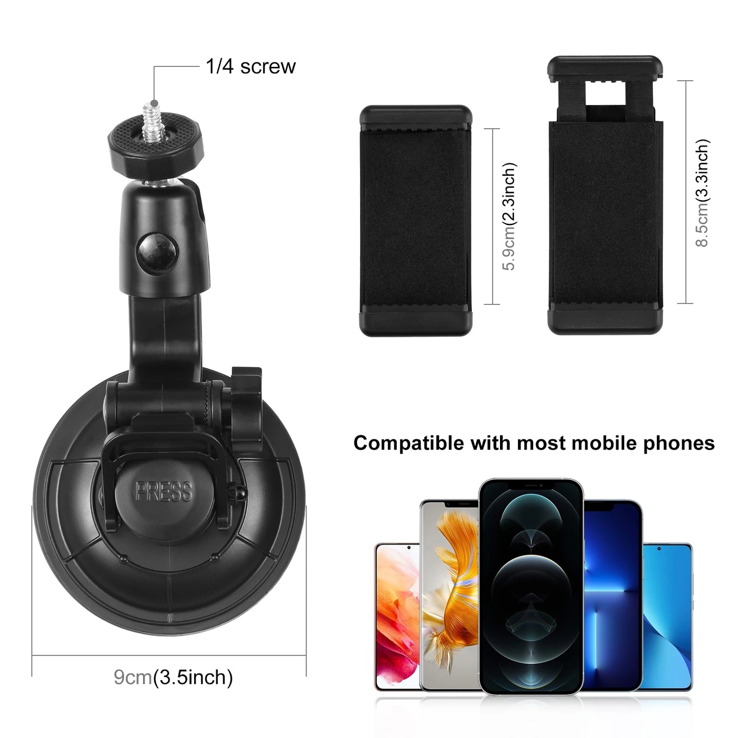 Car Suction Cup Mount with Phone Clamp & Screw & Tripod Adapter for Smartphone & for Gopro DJI Sports Action Cameras