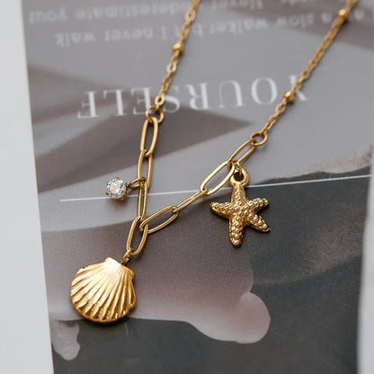 Exquisite Ocean Shell Starfish Pendant Necklace For Women Girls 18K Gold Plated Stainless Steel Choker Chain 45 cm