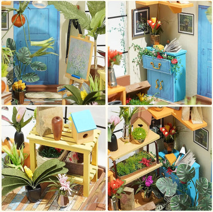 Mini Green House Cathy's Flower House DIY Dollhouse Wooden Miniature Furniture Kit with LED