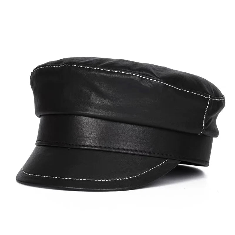 Hat Military Caps Black Real Leather students Hats Flat Female Adjustable Autumn Winter Captain Caps Navy Hat