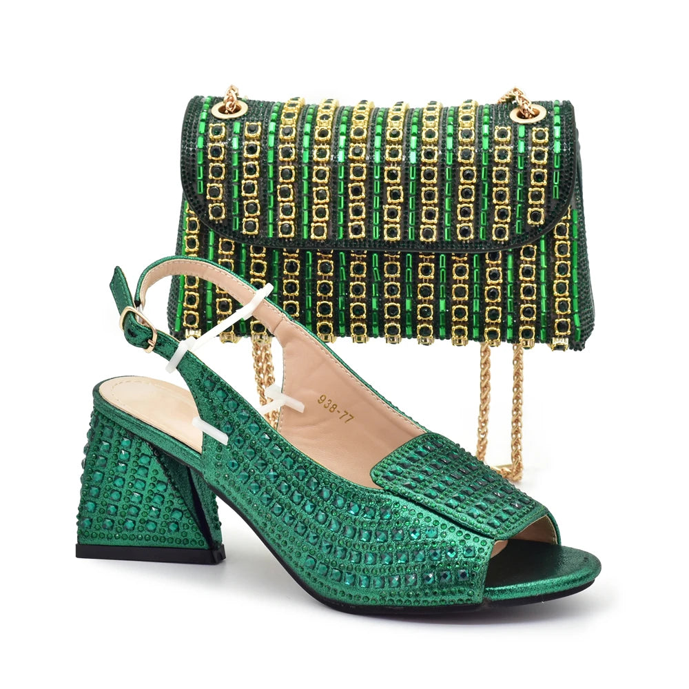 Nigerian Women's Purple Color Mid Heels Frosted Crystal Shiny Rhinestone Party Itaian Design Peep Toe Shoes and Bag Set