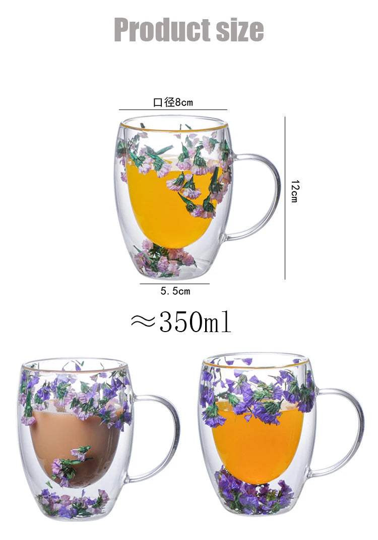 Double Wall Glass Coffee Mugs Double Insulated Glass Cup 350ml Flower Design