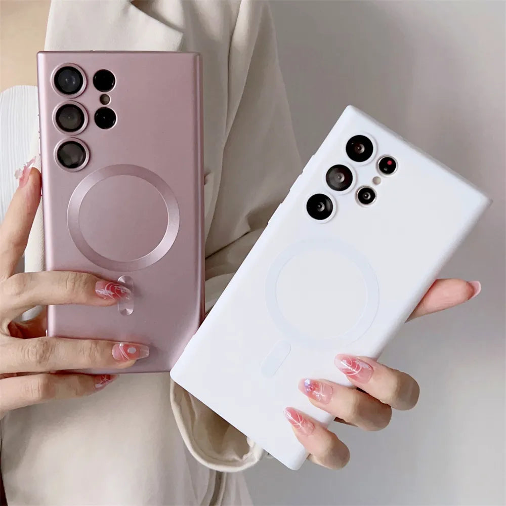 Metal Matte For Magsafe  Wireless Charger Case for Samsung S24 S23 Ultra S22 Plus S21 Shockproof Soft Silicone Cover