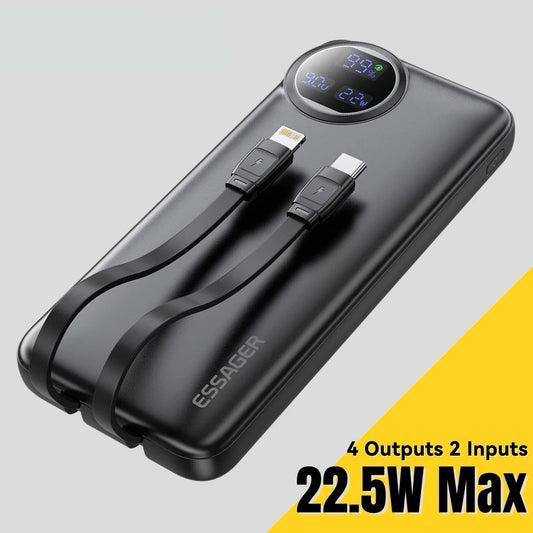 20000mAh Power Bank 22.5W Fast Charging with Built-in Cables Digital Display Portable Charger for 4 Devices