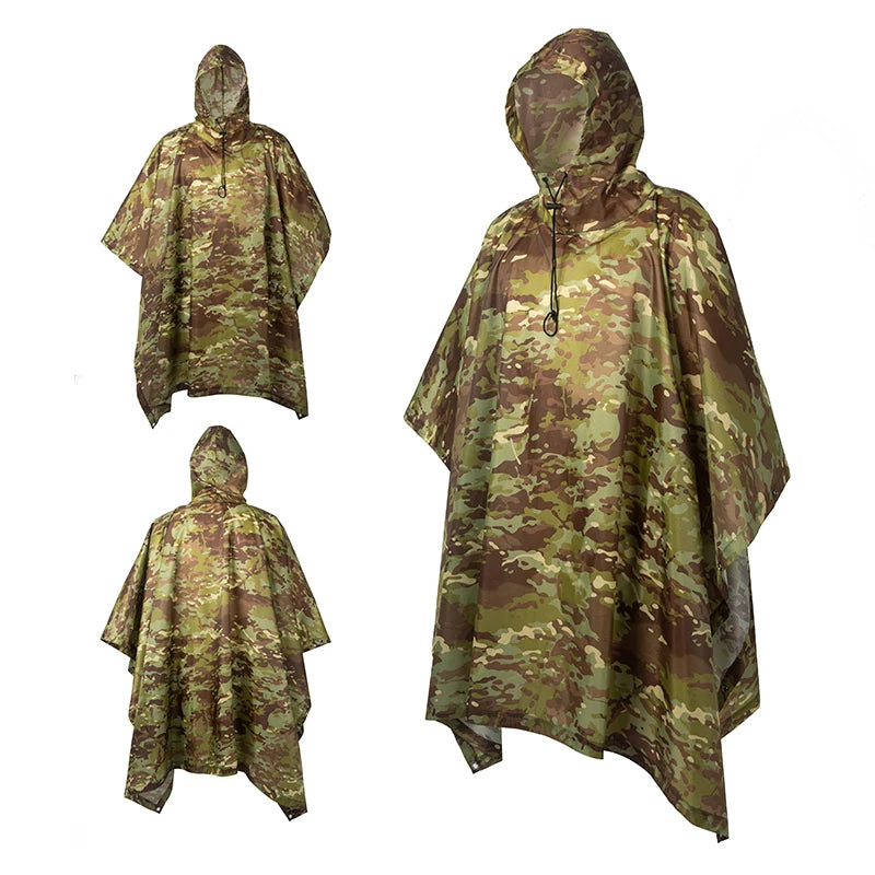 Waterproof Military Style Rain Poncho with Hood for Hiking and Camping