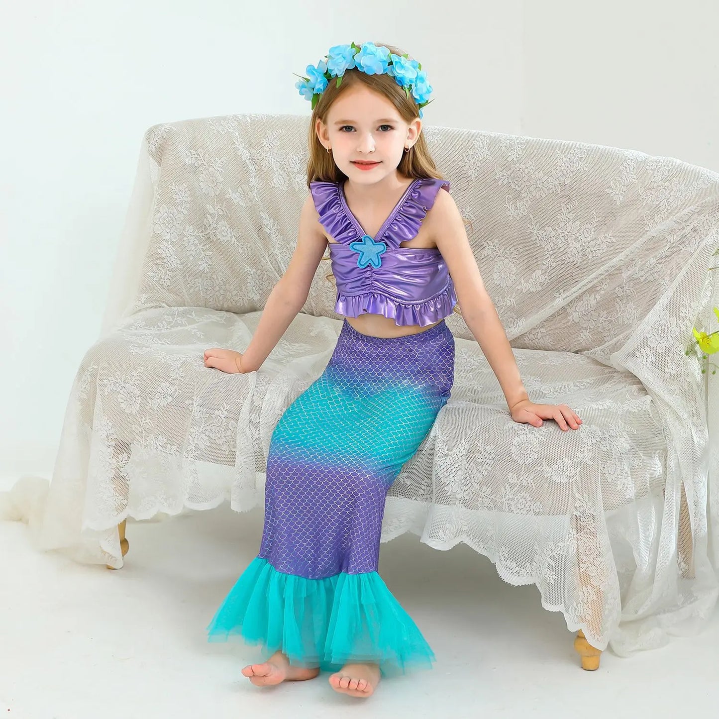 Mermaid Princess Dress Cosplay Party Costume Mid Calf Gown