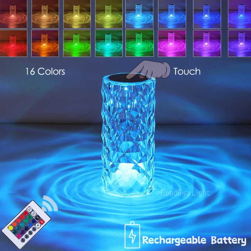 3/16 Colour LED Crystal Table Lamp Rechargeable Touch Rose Romantic Night Lamp