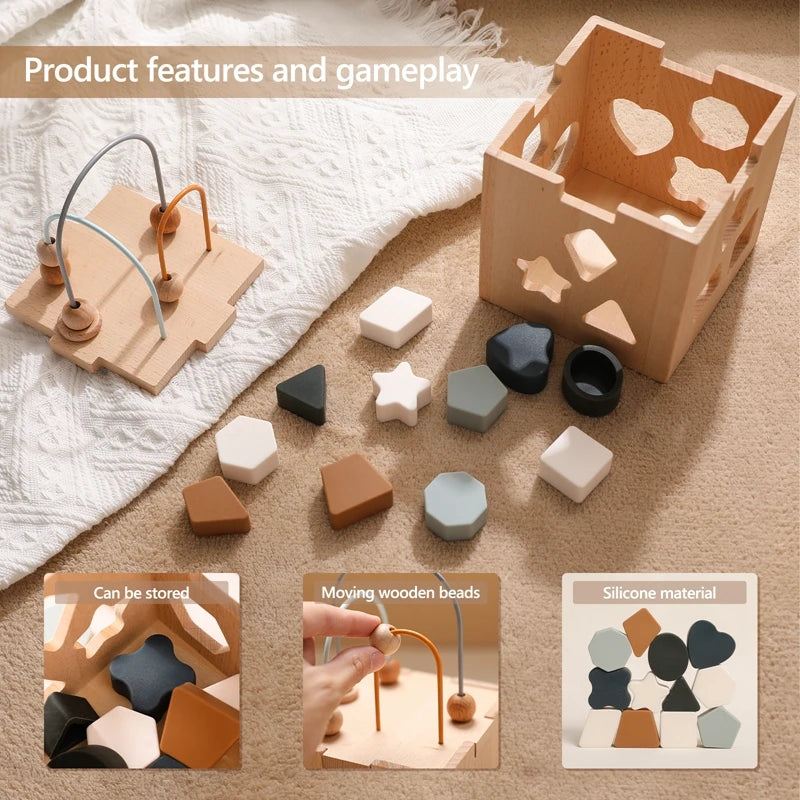 Montessori Puzzle Education Stacking Toy Wooden Box Toy Silicone Geometric Shape Blocks Shape Matching Toys for Toddler Baby Gam