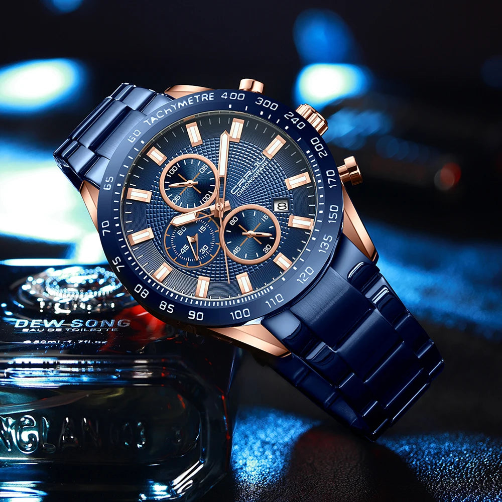 Men Watch Fashion Sports Chronograph Wristwatches Stainless Steel Strap with Auto Date