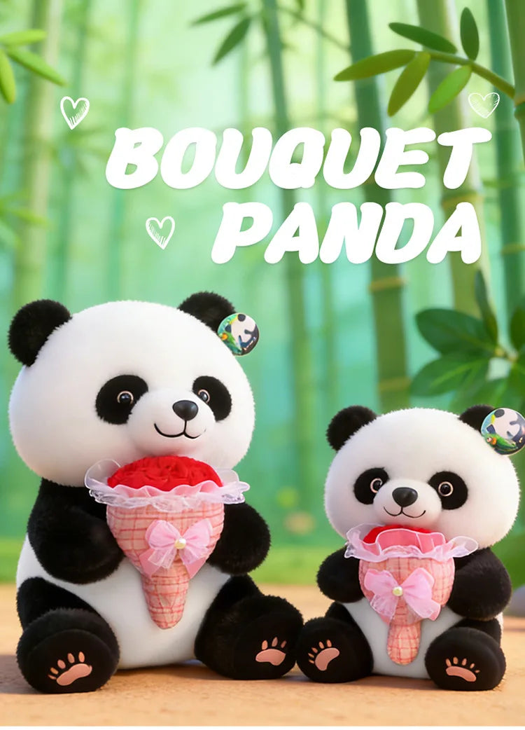 Kawaii Stuffed Doll Cute Panda Plush Toy with Flower Bouquet for Anime Lovers Kids Birthday Gift Stuffed Animal Gift for