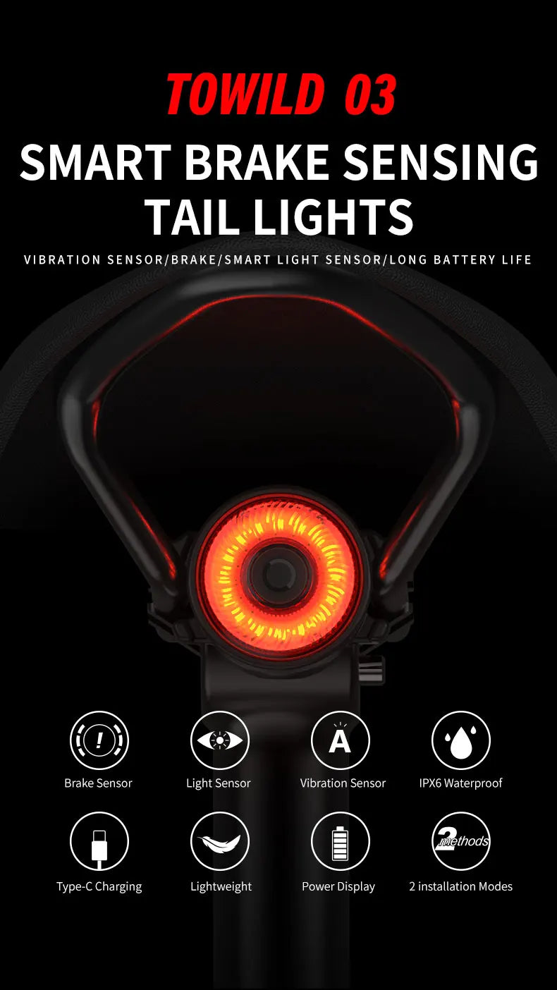 Bicycle Smart Auto Brake Sensing Light Type C Charging LED Cycling Taillight Bike Rear Light Warn Bicycle Taillight