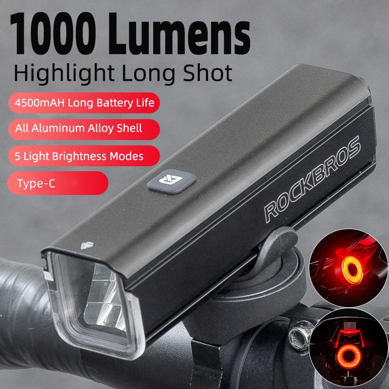 1000LM Bike Light Front Lamp Type-C Rechargeable LED 4500mAh Bicycle Light Waterproof Headlight Bike Accessories