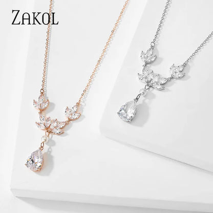 Trendy Leaf Shape Pendant Necklace For Women Water Drop Zirconia Necklaces