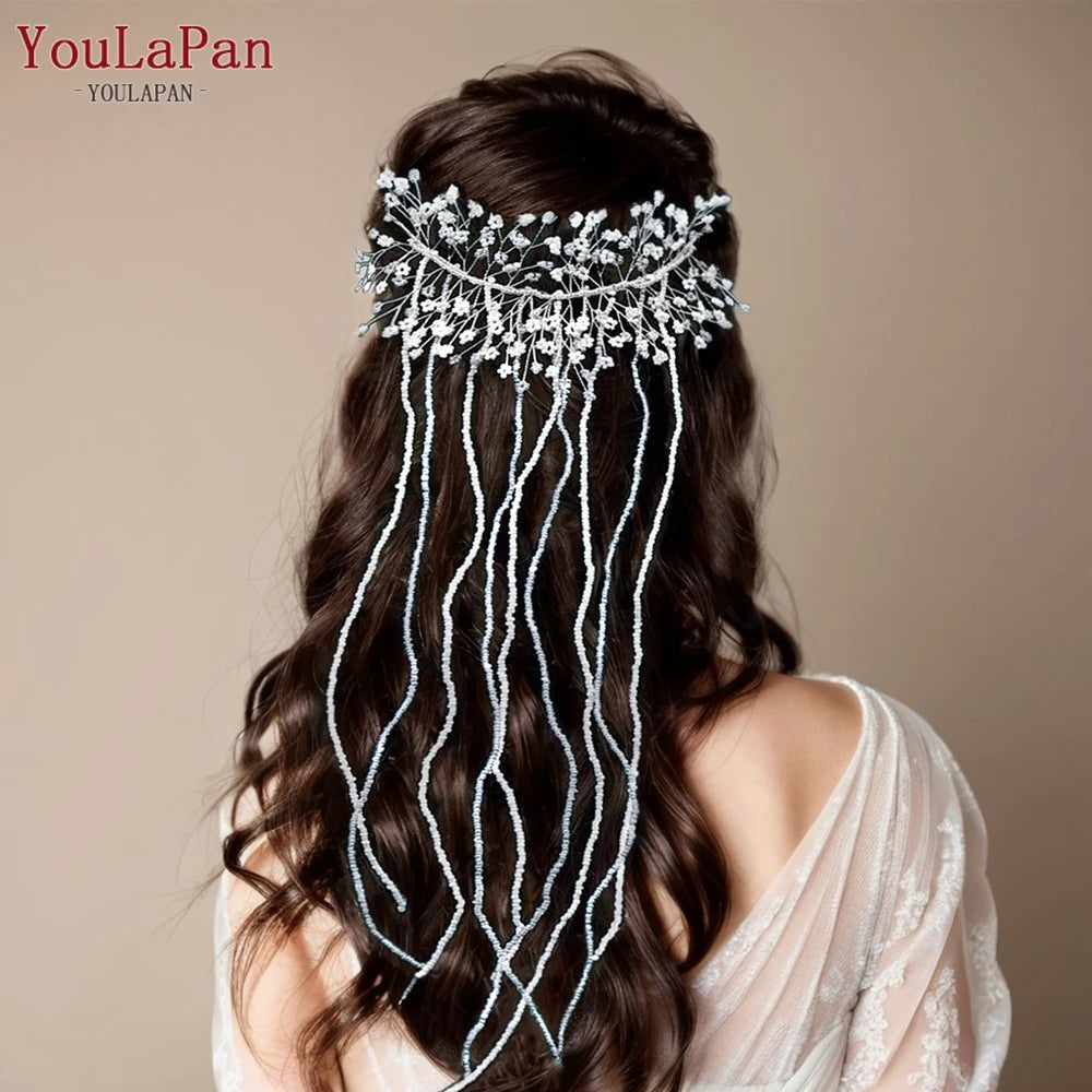 Bridal Beaded Tassel Chain Hair Piece Sparkling Crystal Wedding Hairband Bridesmaid Jewelry Accessories