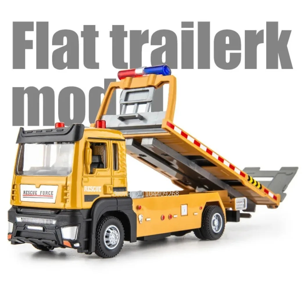 1:32 Flatbed Trailer Roadblock Transpot Truck Model Toy Alloy Diecast Vehicle Simulation Engineering Models Sound Light Gifts