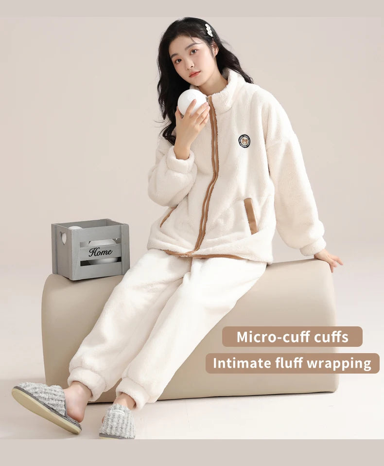 Women’s Winter Flannel Pajama Set – Thick, Soft Coral Fleece with Zipper & Oversized Fit