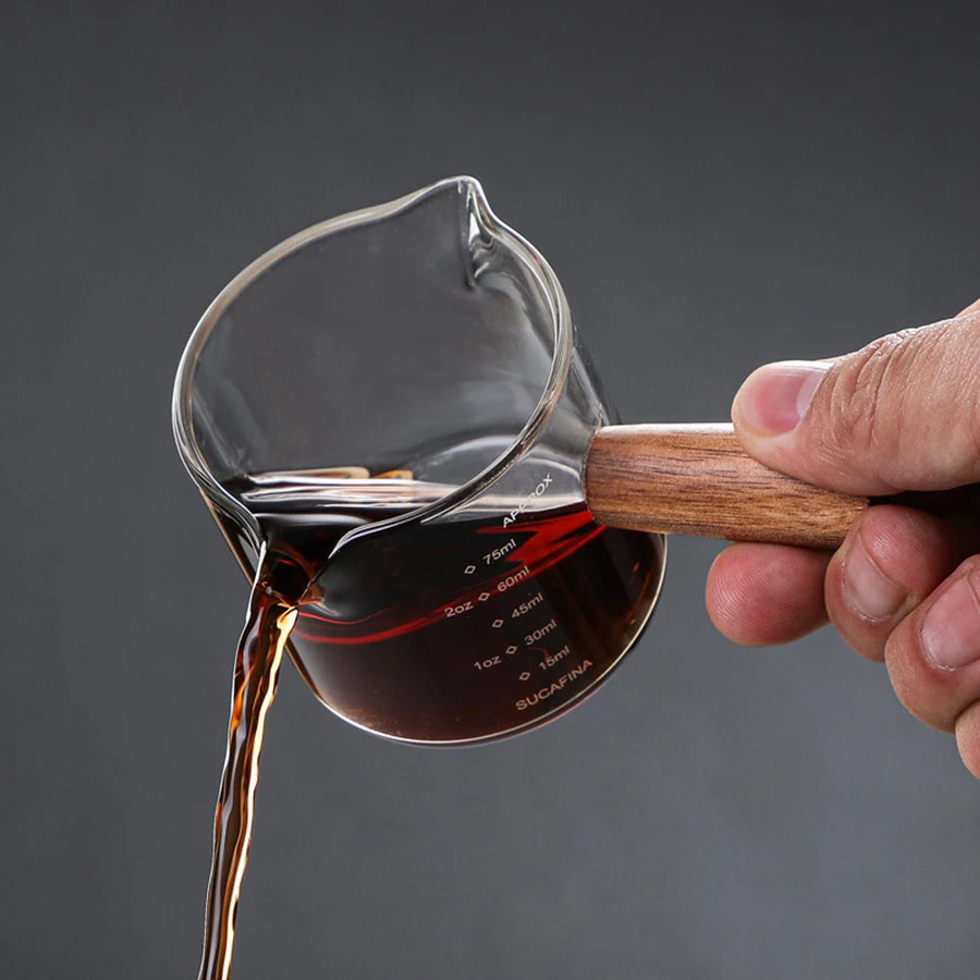 50/75/100/140ml Wood Handle Glass Espresso Measuring Cup Single Mouth Milk Jug Coffee Supplies Clear Kitchen Measure Mug