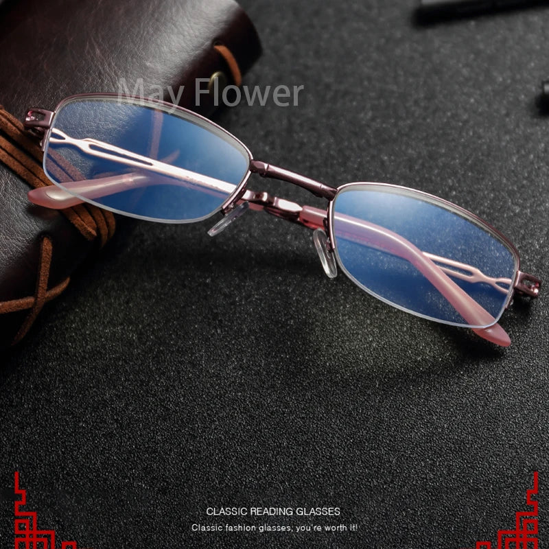 Pink Folding Reading Glasses with Blue Light Blocking Lenses and Alloy Frame