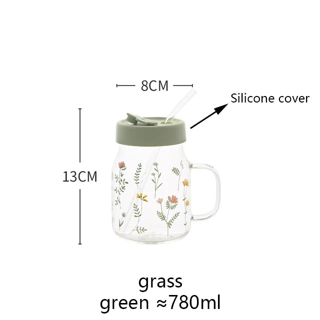 600/780ml Grass Pattern Mug With Straw And Lid Glass Tumbler With Graduated Heat Resistant Cup For Coffee Milk Drinkware