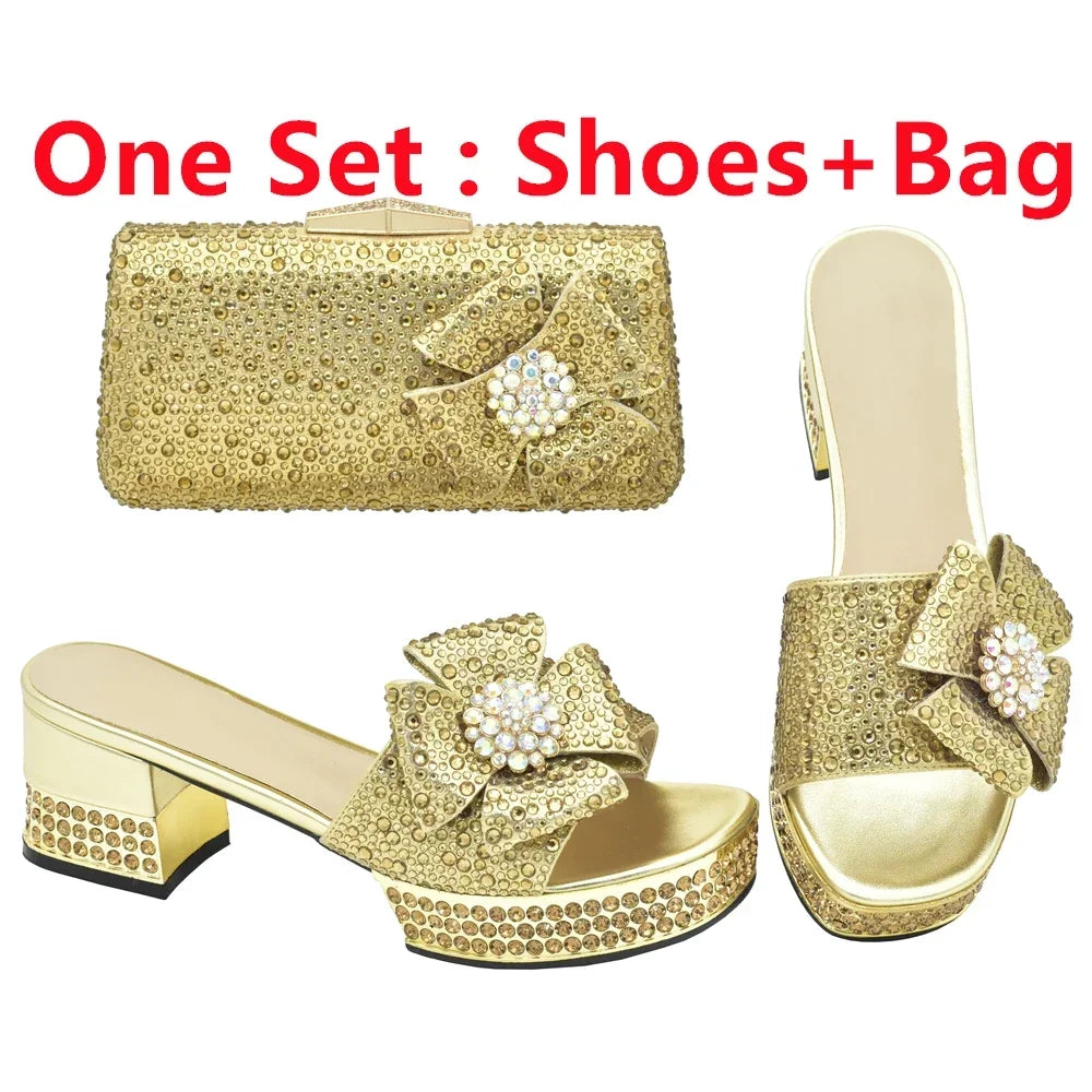 Nigerian Italian Shoes and Bags Set Decorated with Rhinestone Luxury Shoe and Bag Set for Party in Women