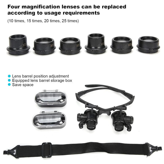 Head Mounted Magnifier LED 10X 15X 20X 25X Hands Free Loupe