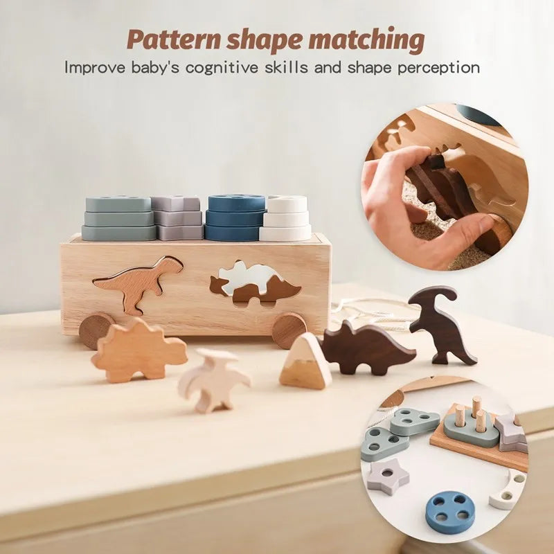 Montessori Shape Sorter Silicone Wooden Pull Along Car Dinosaur Shape Sorter Matching Blocks Box Kid  Intellece Educational Toys