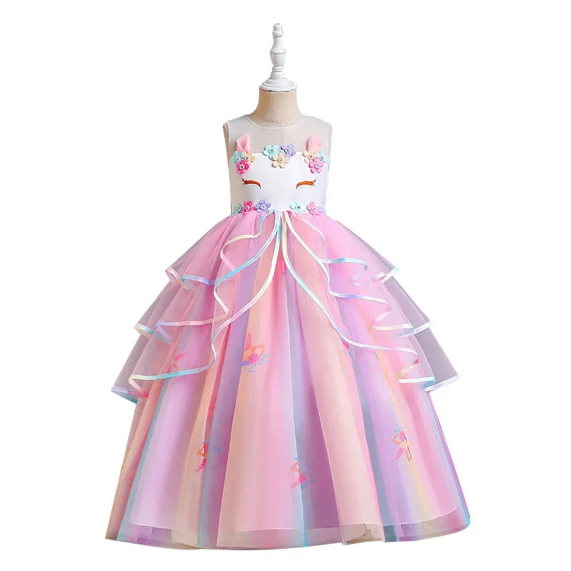 Elegant Princess Lace Dress Kids Flower Embroidery Dresses For Girls Vintage Children Costume for Christmas Party Pink Ball Gown