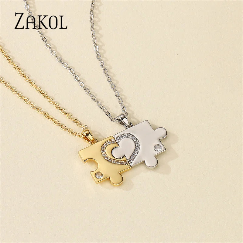 Geometric Puzzle Couple Necklaces for Women Fashion White Gold Color Zircon Pendant