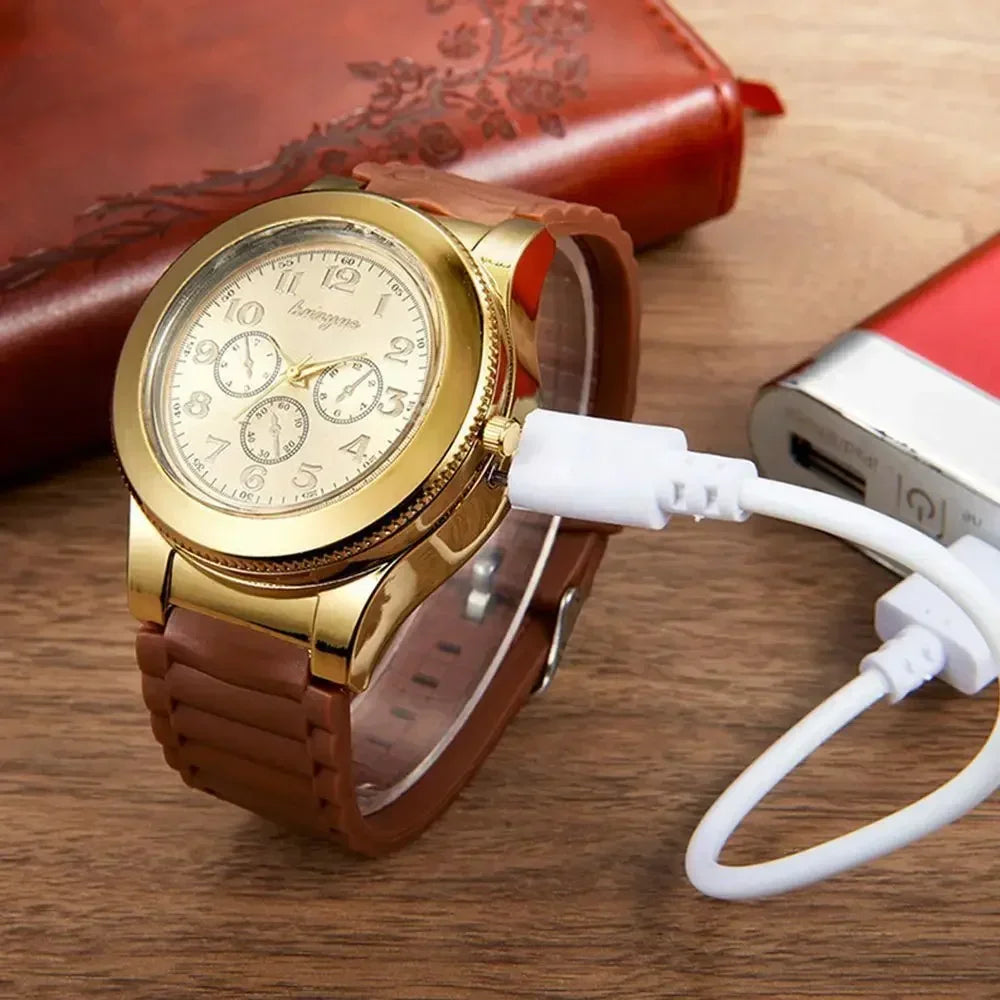 Silent Heating Wire Quartz Electronic Watch Lighter Metal Multifunction Cigarette Lighter USB Charging Silicone Watch Men's Gift