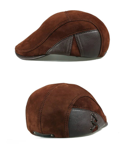 European Style Genuine Leather Caps Beret Man Casual Sheepskin Suede Fitted Duckbill Hats Male