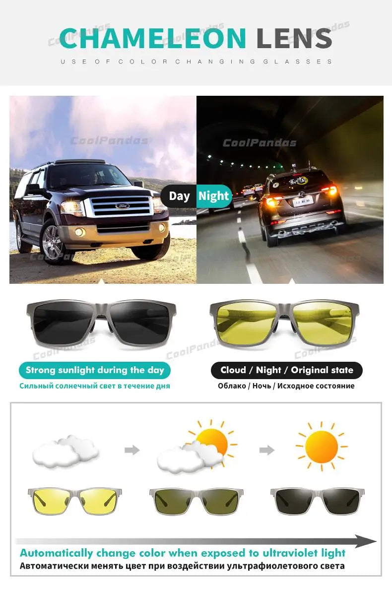 Carbon Fiber Square Photochromic Polarized UV400 Day Night Driving Sunglasses for Men Women
