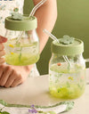 600/780ml Grass Pattern Mug With Straw And Lid Glass Tumbler With Graduated Heat Resistant Cup For Coffee Milk Drinkware