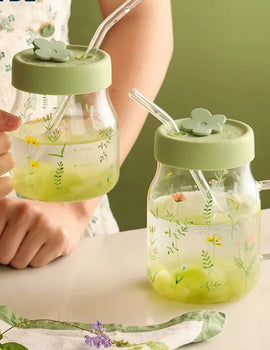600/780ml Grass Pattern Mug With Straw And Lid Glass Tumbler With Graduated Heat Resistant Cup For Coffee Milk Drinkware