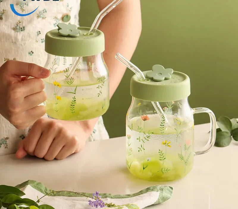 600/780ml Grass Pattern Mug With Straw And Lid Glass Tumbler With Graduated Heat Resistant Cup For Coffee Milk Drinkware