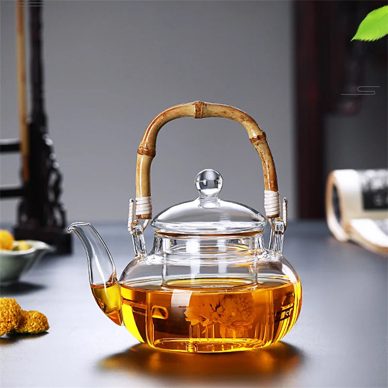 600ML Borosilicate Glass Teapot With Bamboo Handle Household Convenient Heated Tea Kettle with Filter Kung Fu Flower Tea Pot