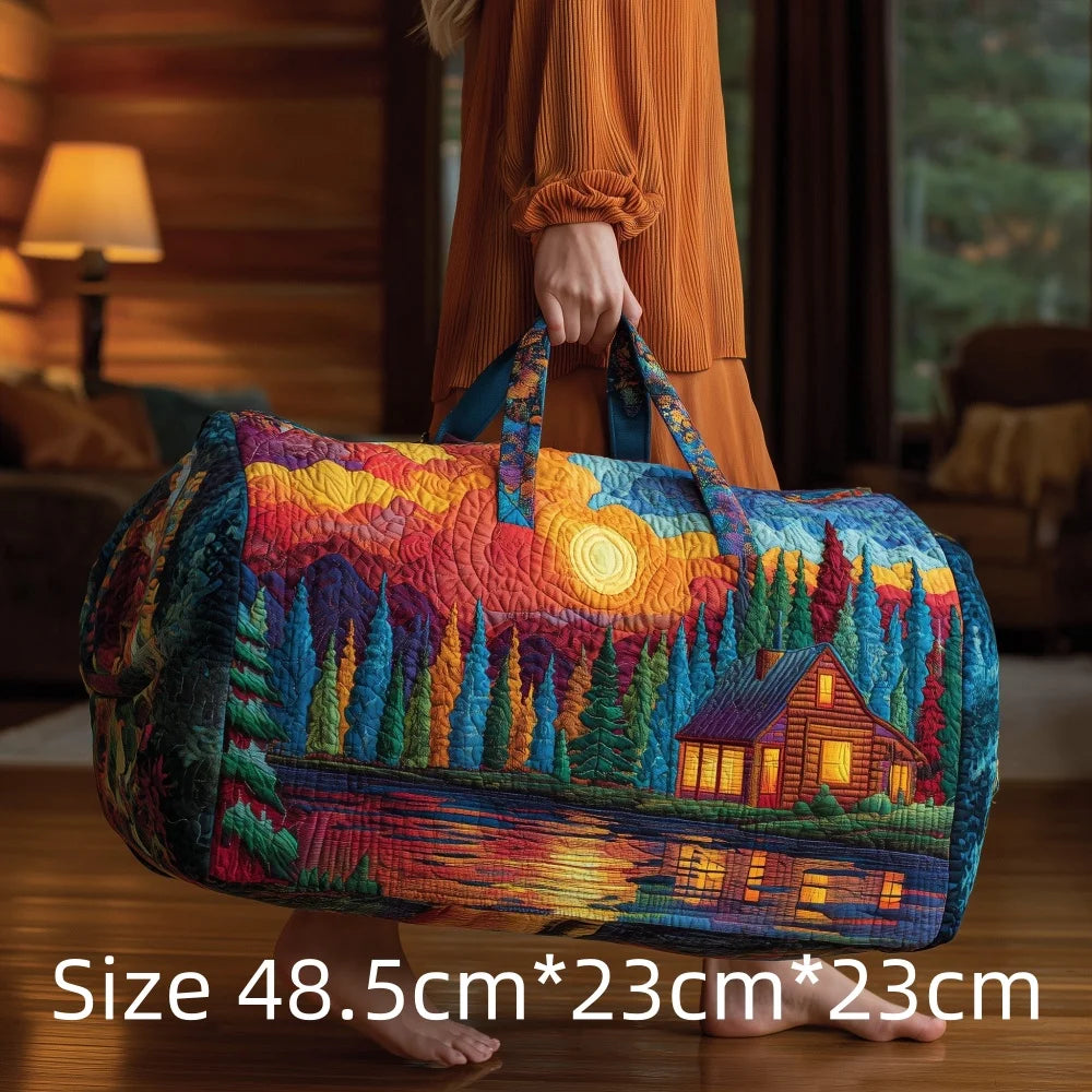 3D Print Quilted Travel Bag Autumn Mountain Forest Cabin Tote Weekender Duffle for Women Men Vintage Nature Landscape Hangbag