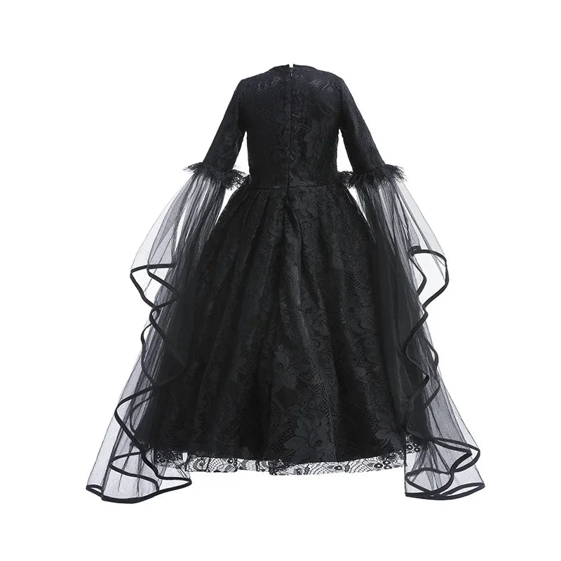 Halloween Witch Dress For Girls Black Evil Queen Cosplay Costume Luxury Lace Ruffles Floor Length Outfits Kids Carnival Frocks