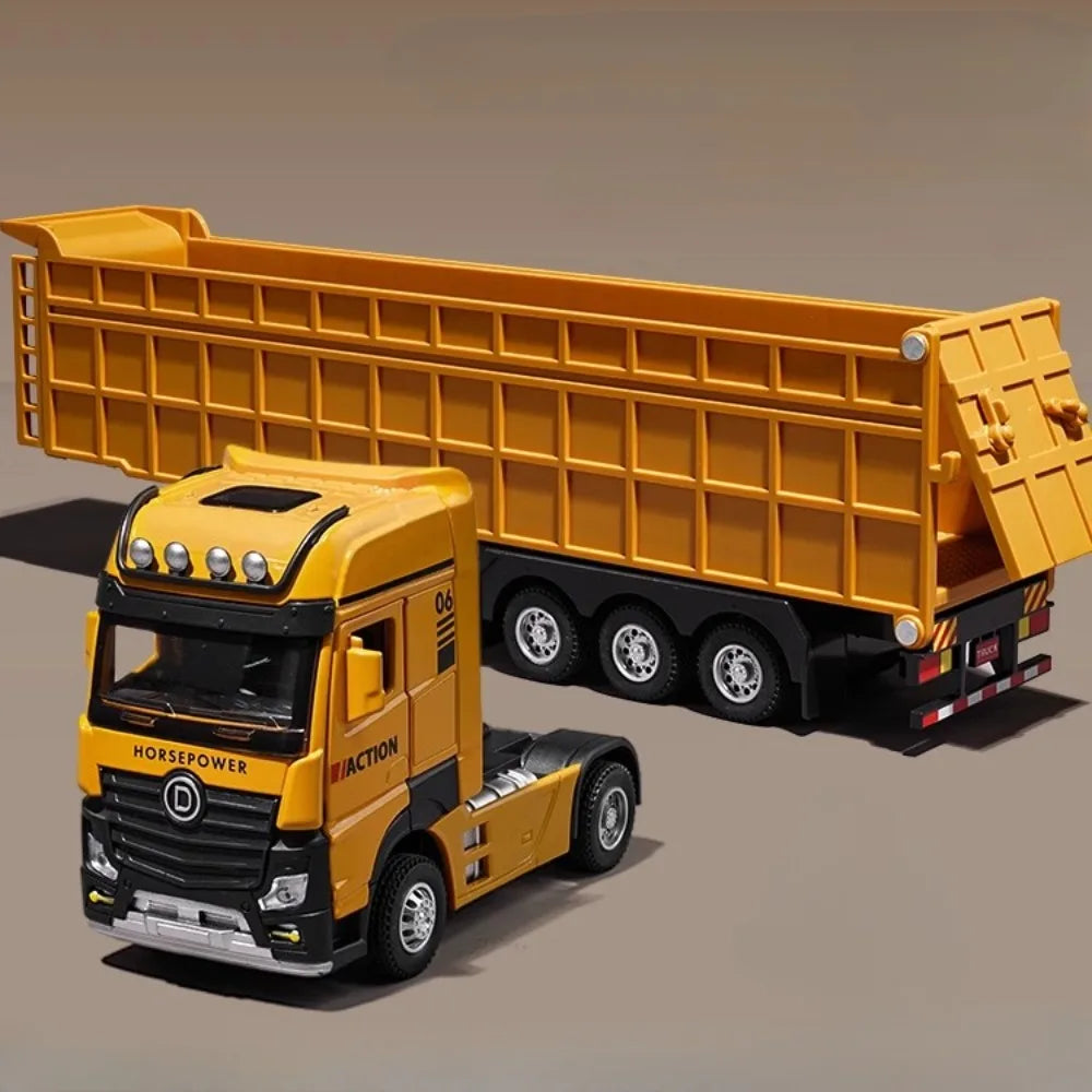 1/50 Extended Dump Truck Model Toy Metal Diecasting Doors Opened Sound Light Pull Back Vehicle Models Ornaments 's Gifts