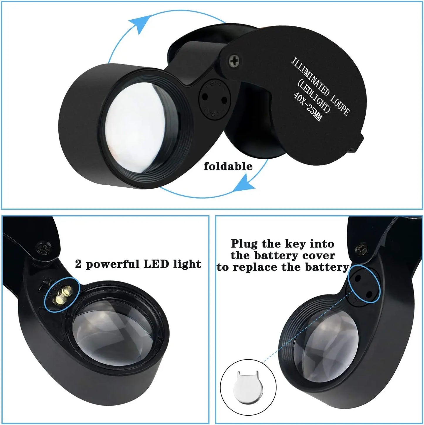 40X LED Foldable Jewelry Loupe 25mm Pocket Magnifier