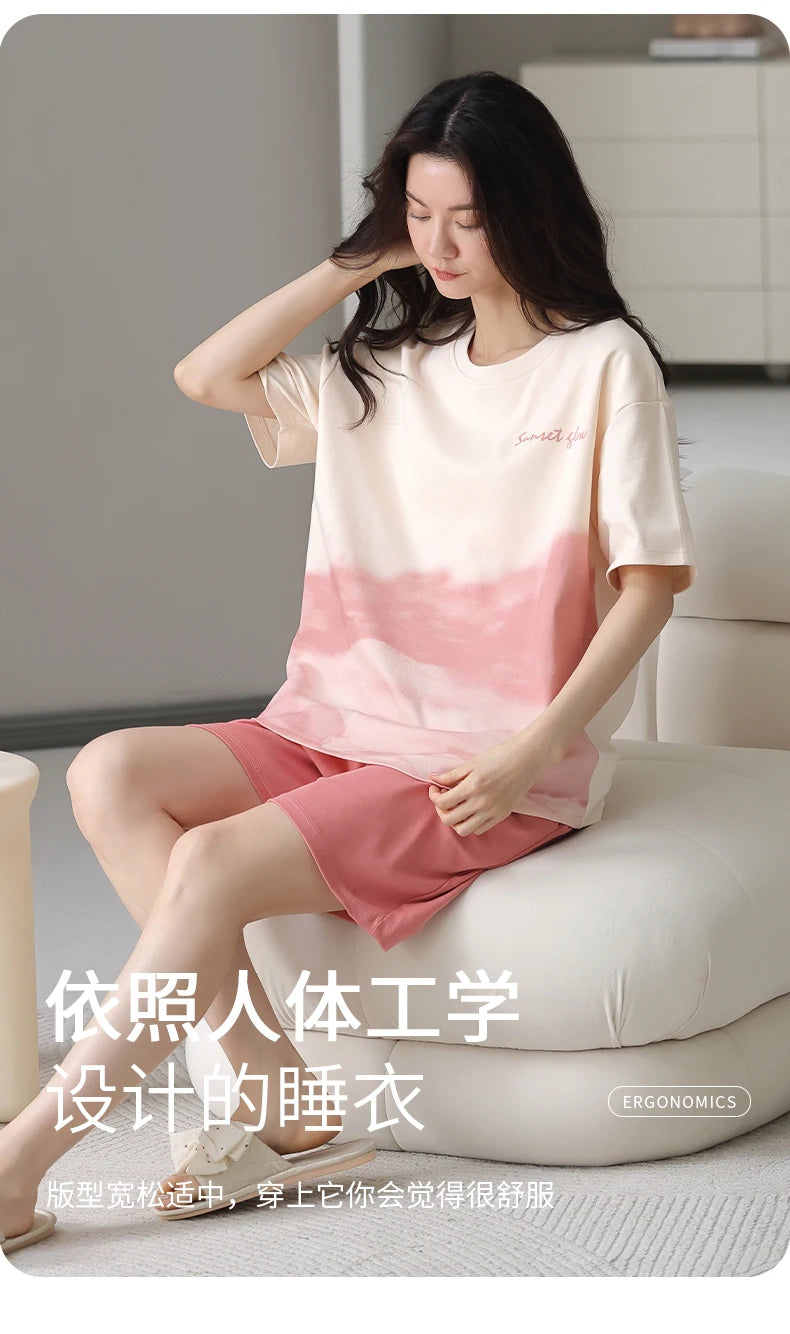 2-Pcs Women’s Cotton Pajama Set – Breathable Short Sleeve Summer Sleepwear with Cute Prints