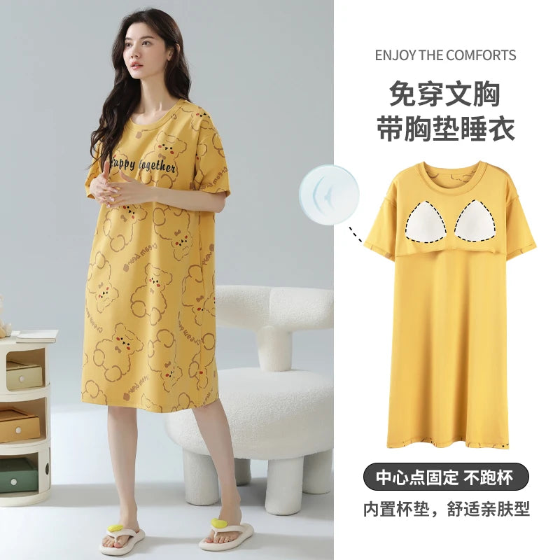 Women’s Cotton Nightgown – Korean Style Cute Print, Summer Short Sleeve Sleepwear Dress