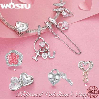 925 Sterling Silver Valentine's Gift Pink Heart Charms Safety Chain Openable Lock Beads