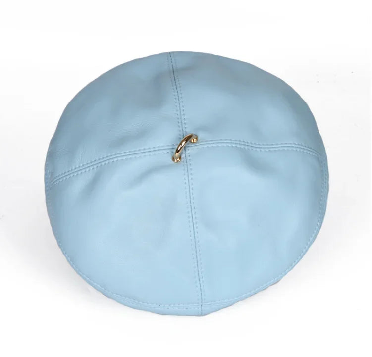 Spring/Winter 100% Real Leather Beret Hat Women Fashion European Pumpkin Painter Caps Female Rainbow Color Purple/Blue Thin Boin