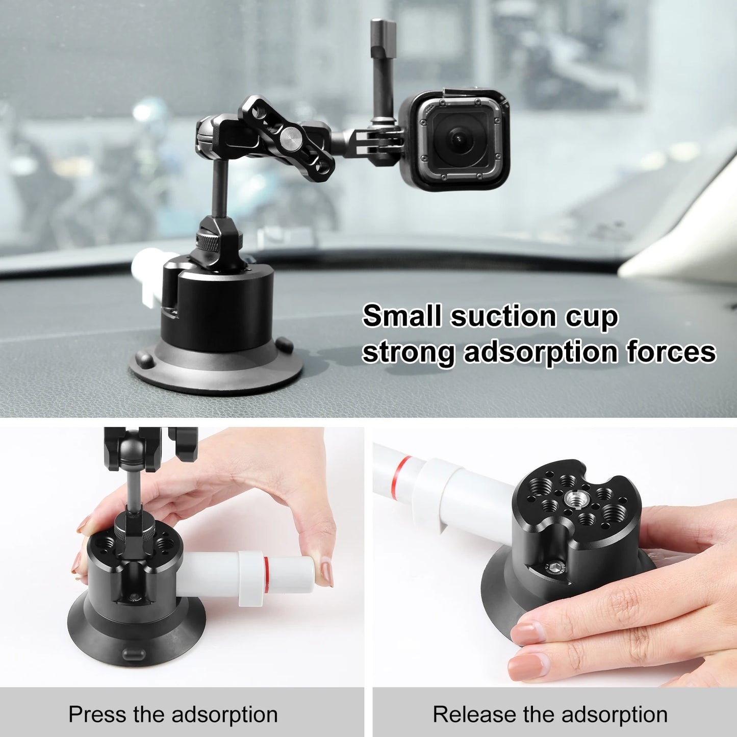 3 inch Car Single Pump Suction Cup Aluminum Alloy Mount with 1/4 & 3/8 Screw Hole for Gopro/ Insta360 and Other Cameras