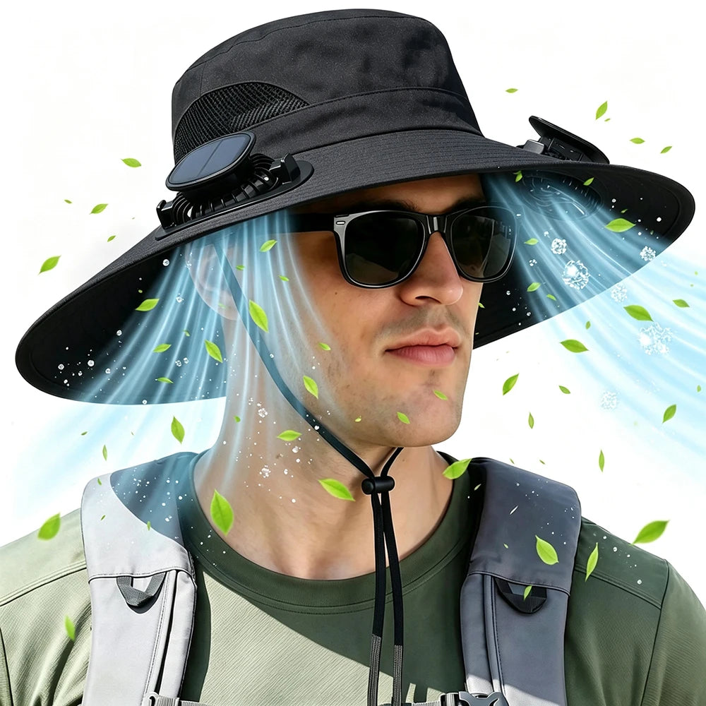 Wide Brim Solar Fan Sun Hat With Dual Fans