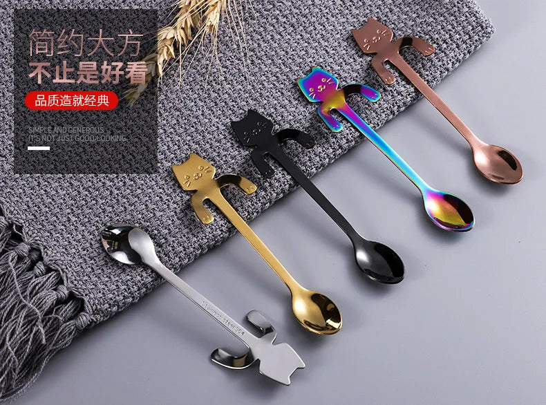 304 Stainless Steel Coffee Spoon Lovely Cute Cat Shape Teaspoon Dessert Snack Scoop Ice Cream Mini Spoons Kitchen ToolsTableware