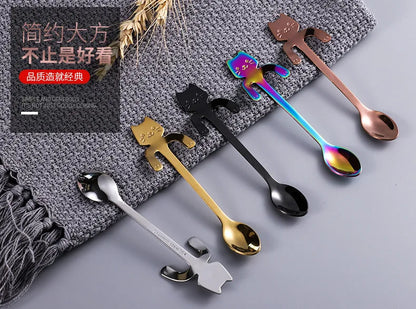 304 Stainless Steel Coffee Spoon Lovely Cute Cat Shape Teaspoon Dessert Snack Scoop Ice Cream Mini Spoons Kitchen ToolsTableware